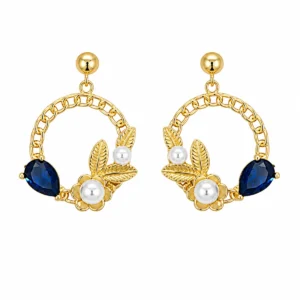 BR2171793 Brincos Prata Dourada Pedra Azul e Pérolas