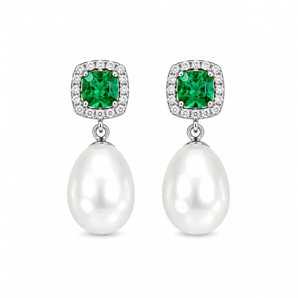 Brincos Lady D Quadrado Verde e Pérola