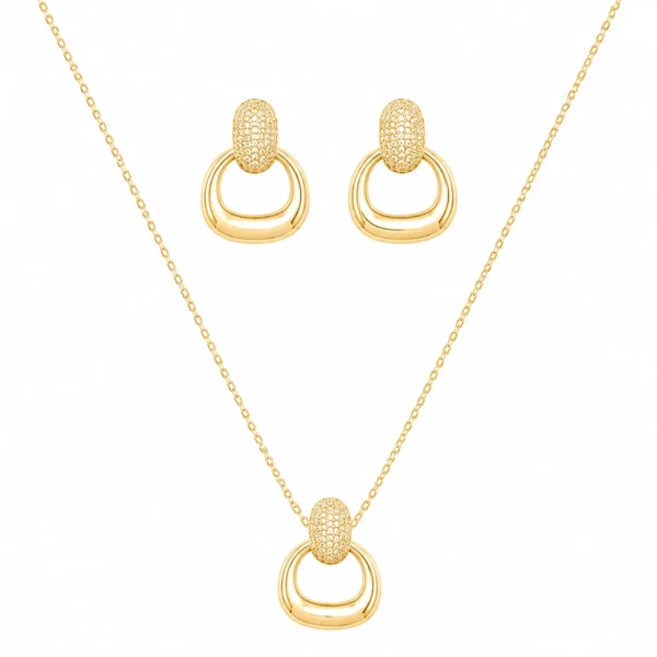Conjunto Prata Dourada Colar e Brincos Argola Grossa