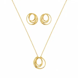 CJ2022951 Conjunto Prata Dourada Brincos e Colar Oval sem Pedras