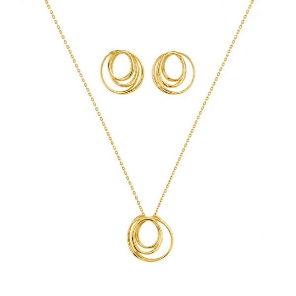 Conjunto Prata Dourada Brincos e Colar Oval sem Pedras