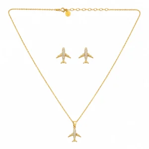 CJ2024958 Conjunto Prata Dourado Colar e Brincos Avião 19CJ0467D