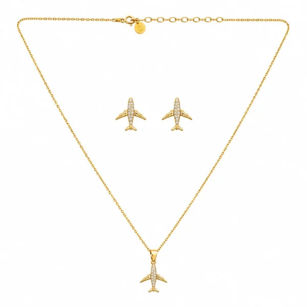 Conjunto Prata Dourado Colar e Brincos Avião 19CJ0467D