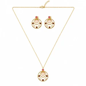 CJ20261143_2 Conjunto P. Dourada Colar e Brincos Circulos Pedras Bordeux e Rosa