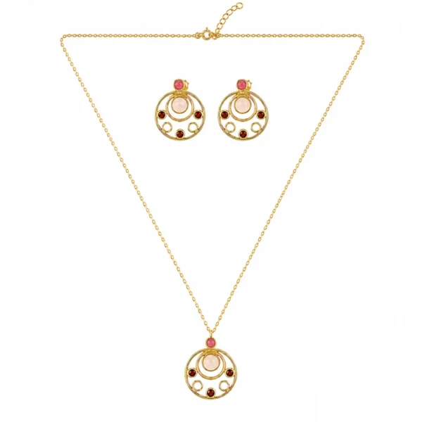 Conjunto P. Dourada Colar e Brincos Circulos Pedras Bordeux e Rosa