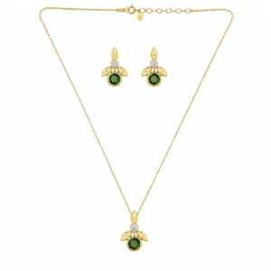 CJ20262143 Conjunto Prata Dourada Colar e Brincos Pedras Verdes