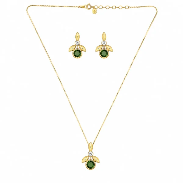 Conjunto Prata Dourada Colar e Brincos Pedras Verdes