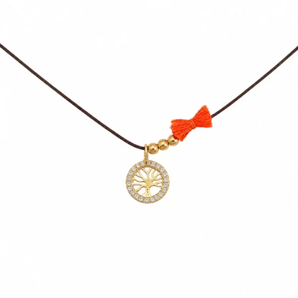 Colar Prata Dourada Árvore da Vida com Fio Castanho 5450..3962